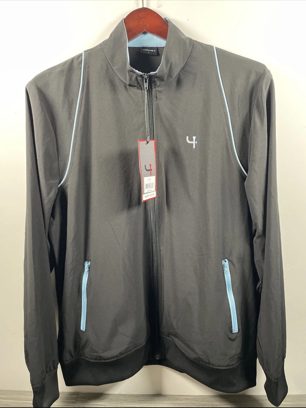 NWT Short Par 4 Striker Golf Jacket L Large Black / Sky Blue Windbreaker Zip Up